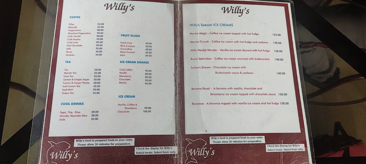 Willy's Coffee Pub menu