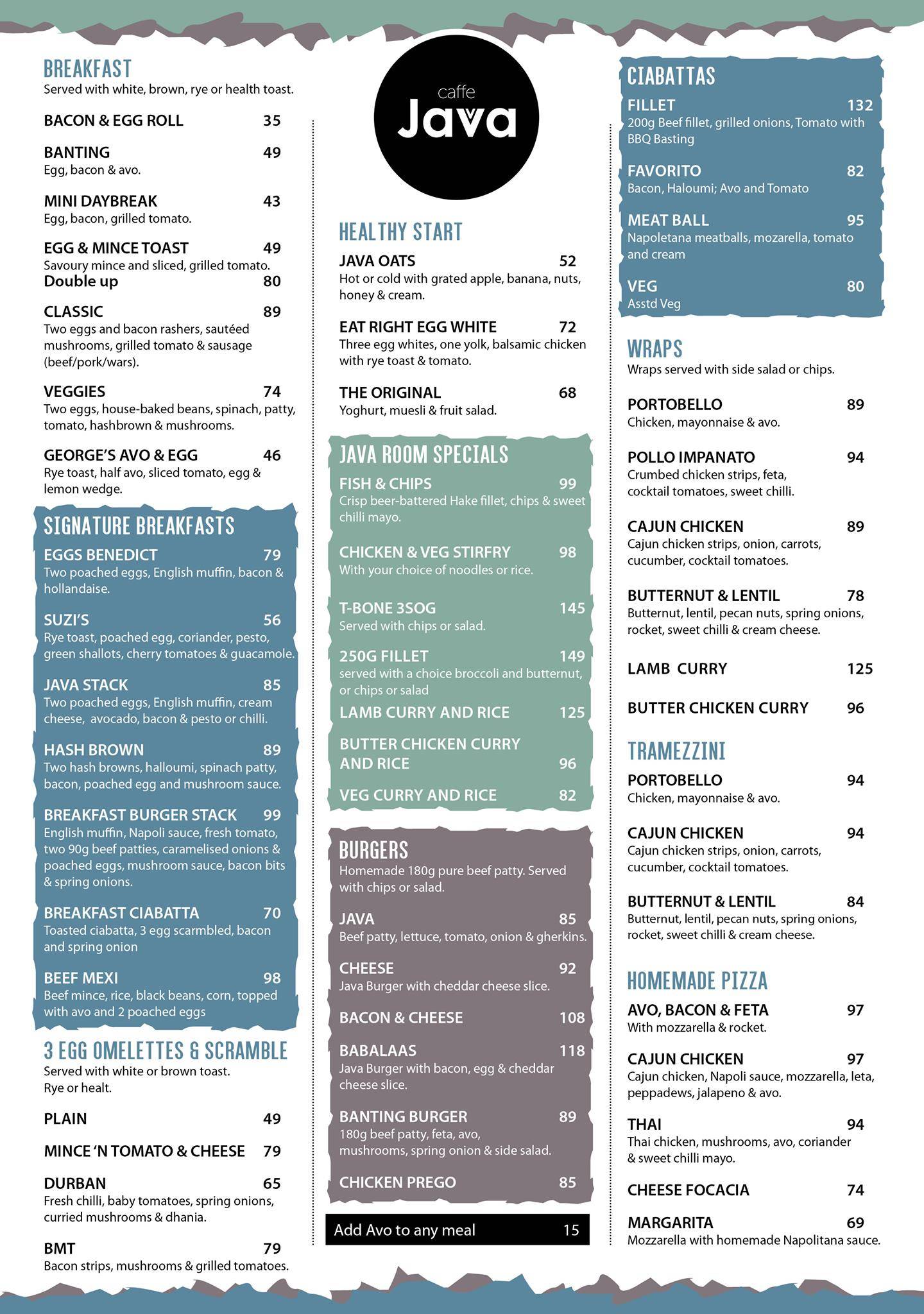 Menu at Caffé Java cafe, Durban, 54 Adelaide Tambo Dr