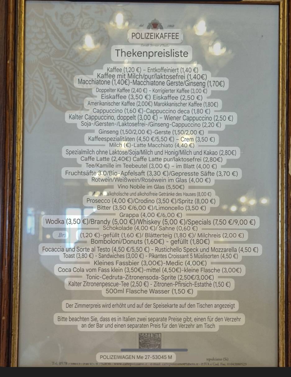 Menu di Caffè Poliziano 