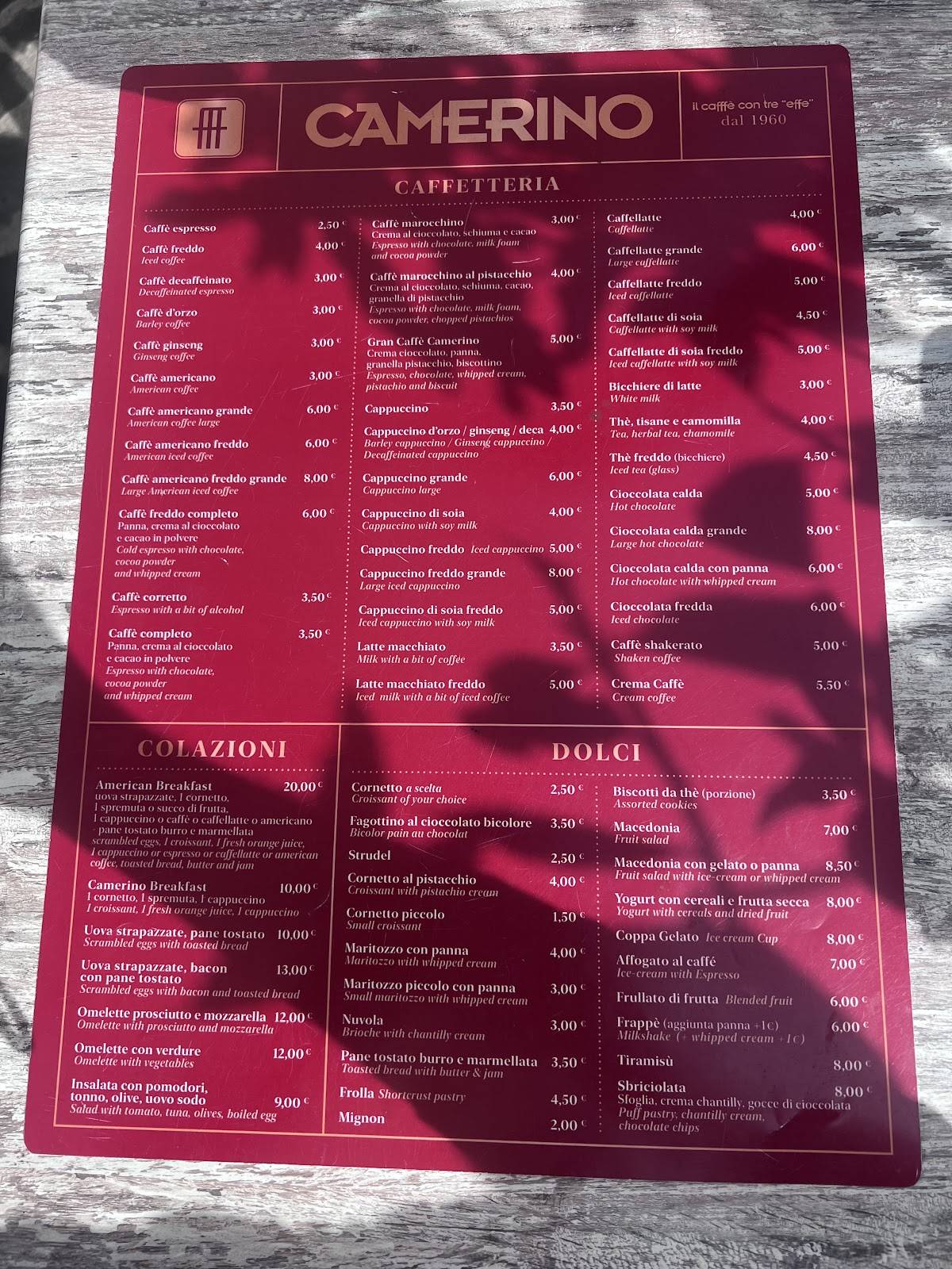 Menu di Cafffè Camerino 
