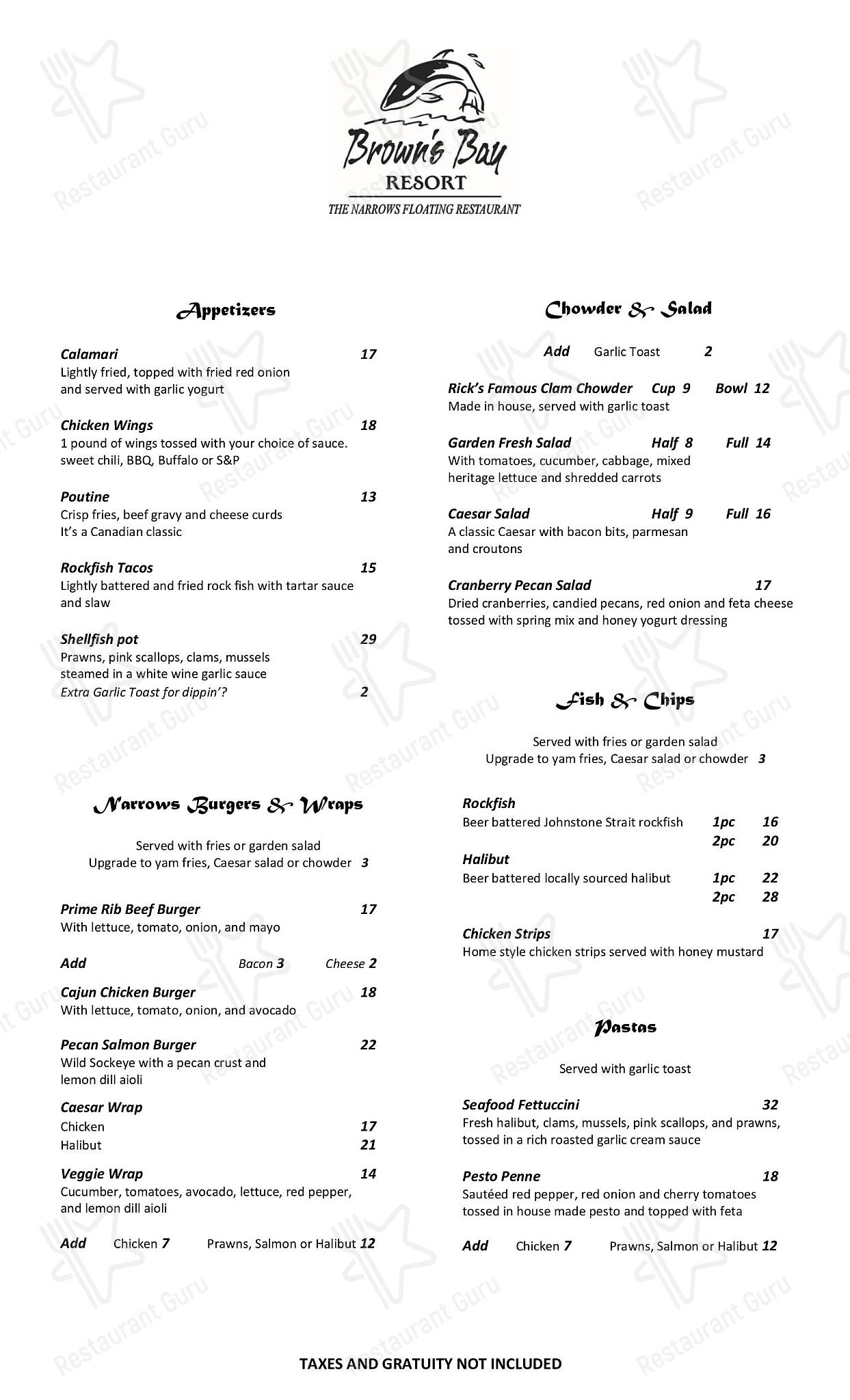 Menu at The Narrows Floating Restaurant, Campbell River