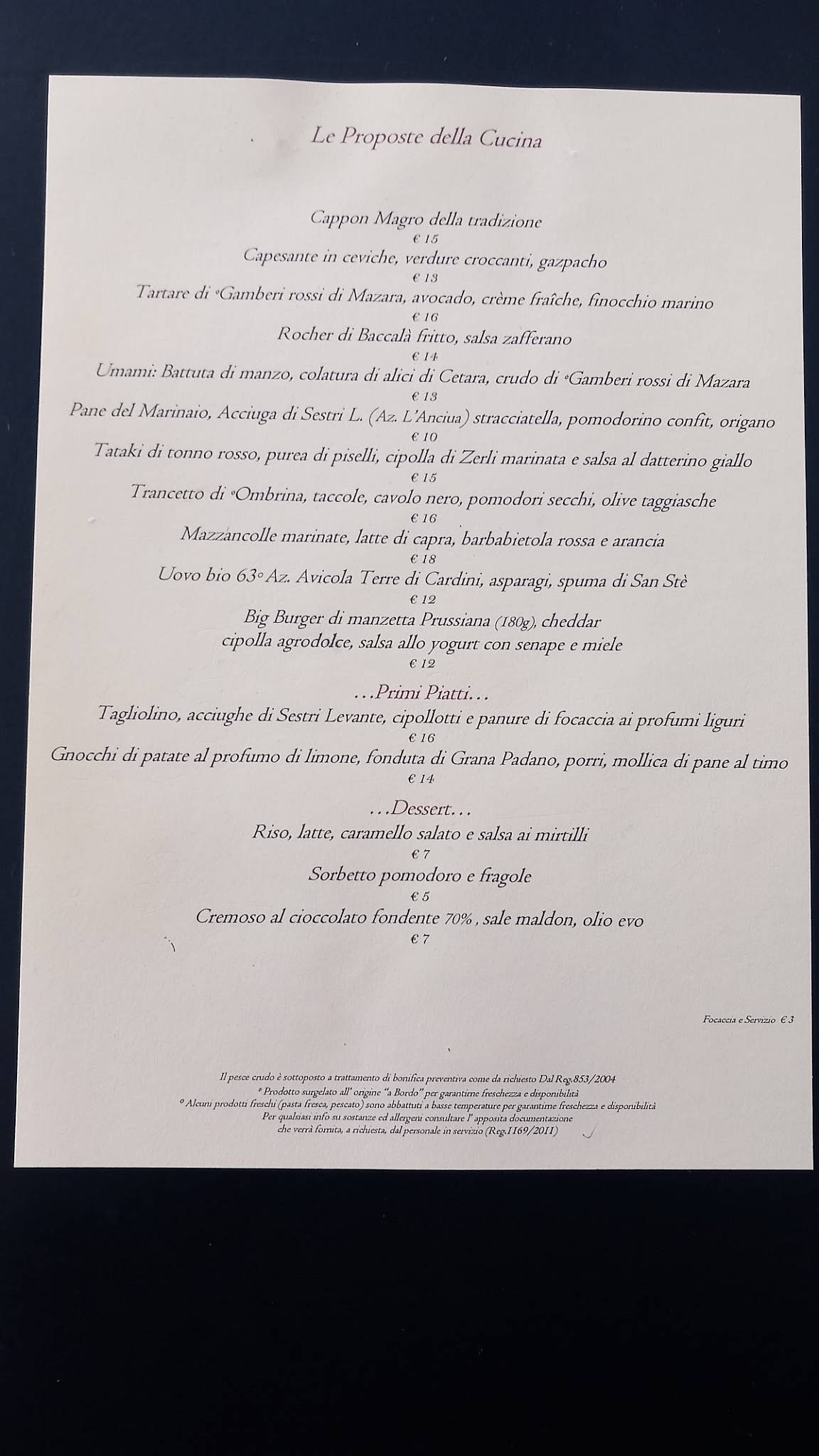 Menu di Capocotta 