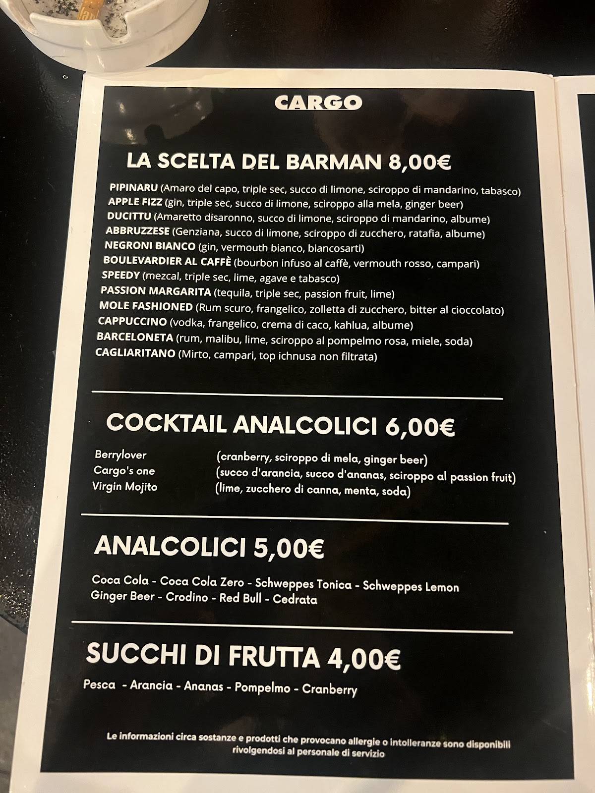 Menu di Cargo al Pigneto 