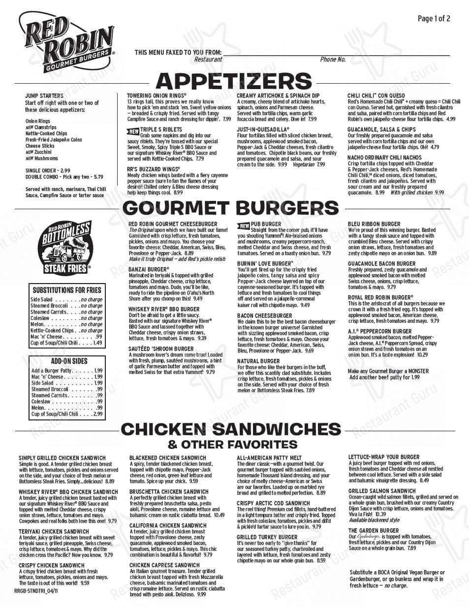 Carta de Red Robin Gourmet Burgers and Brews