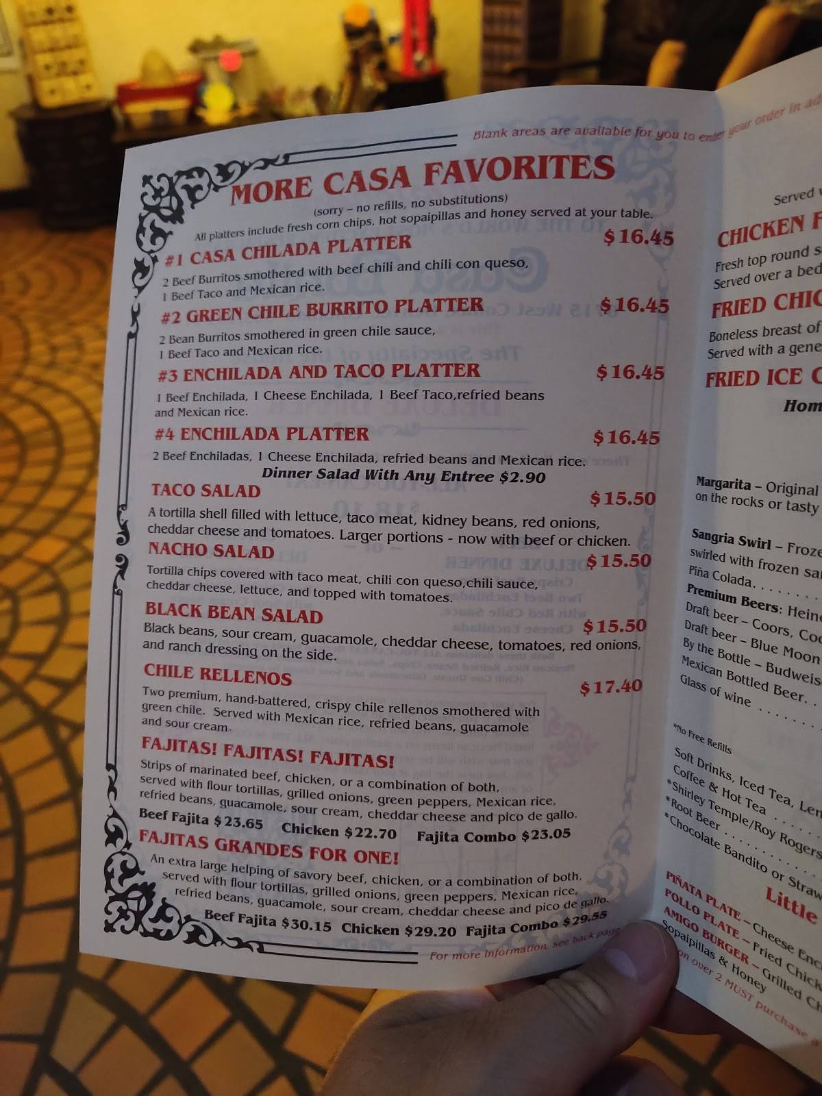 Menu at Casa Bonita restaurant, Lakewood
