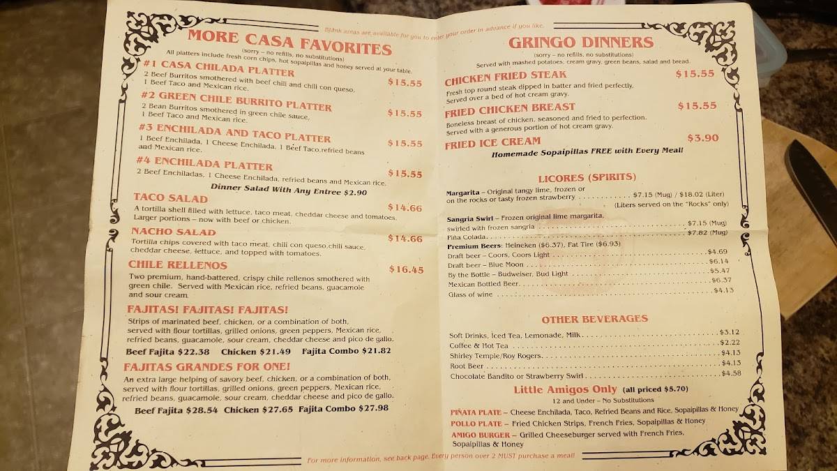 Menu at Casa Bonita restaurant, Lakewood