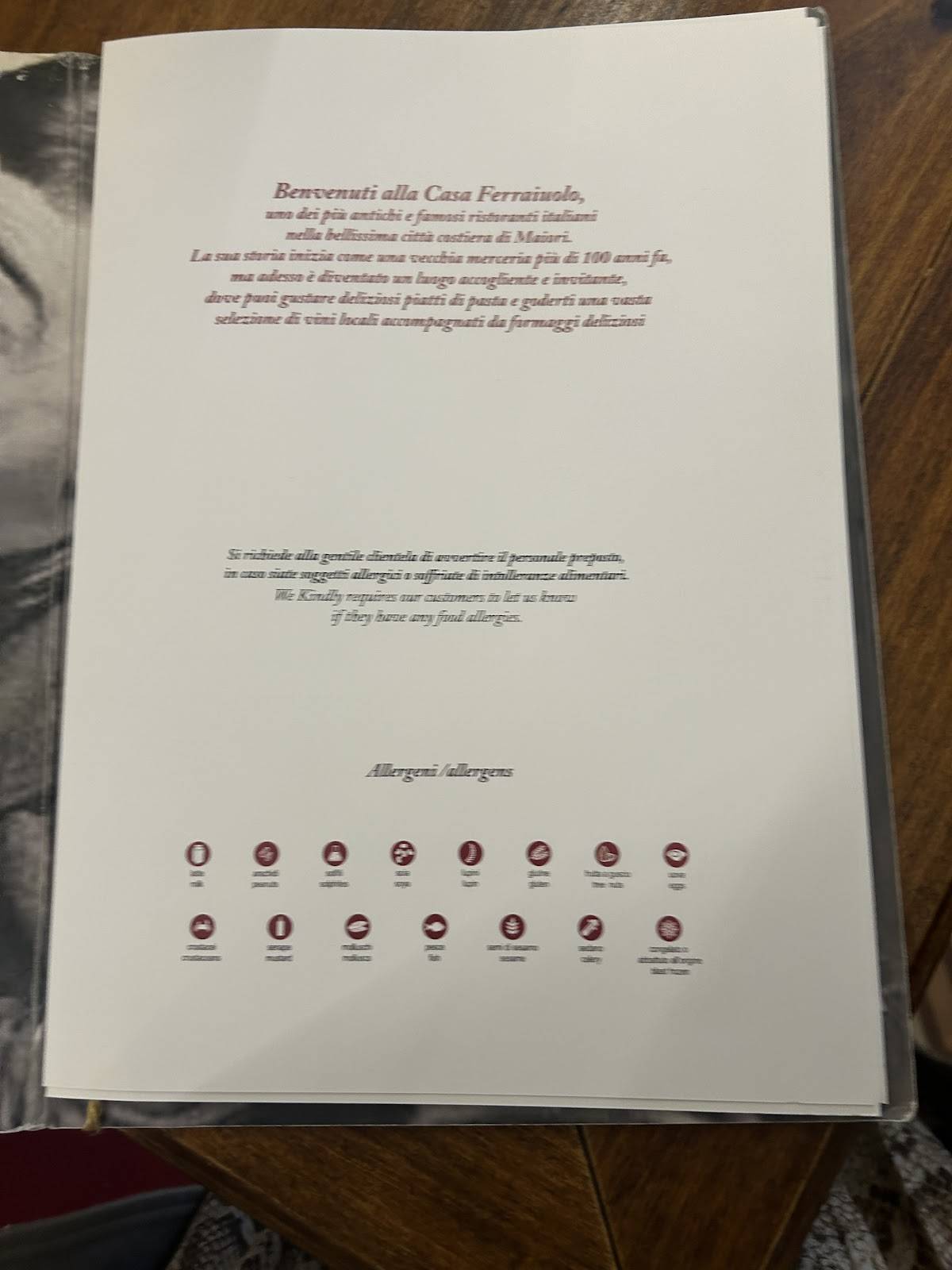 Menu di Casa Ferraiuolo Ristorante a Maiori Costiera Amalfitana 