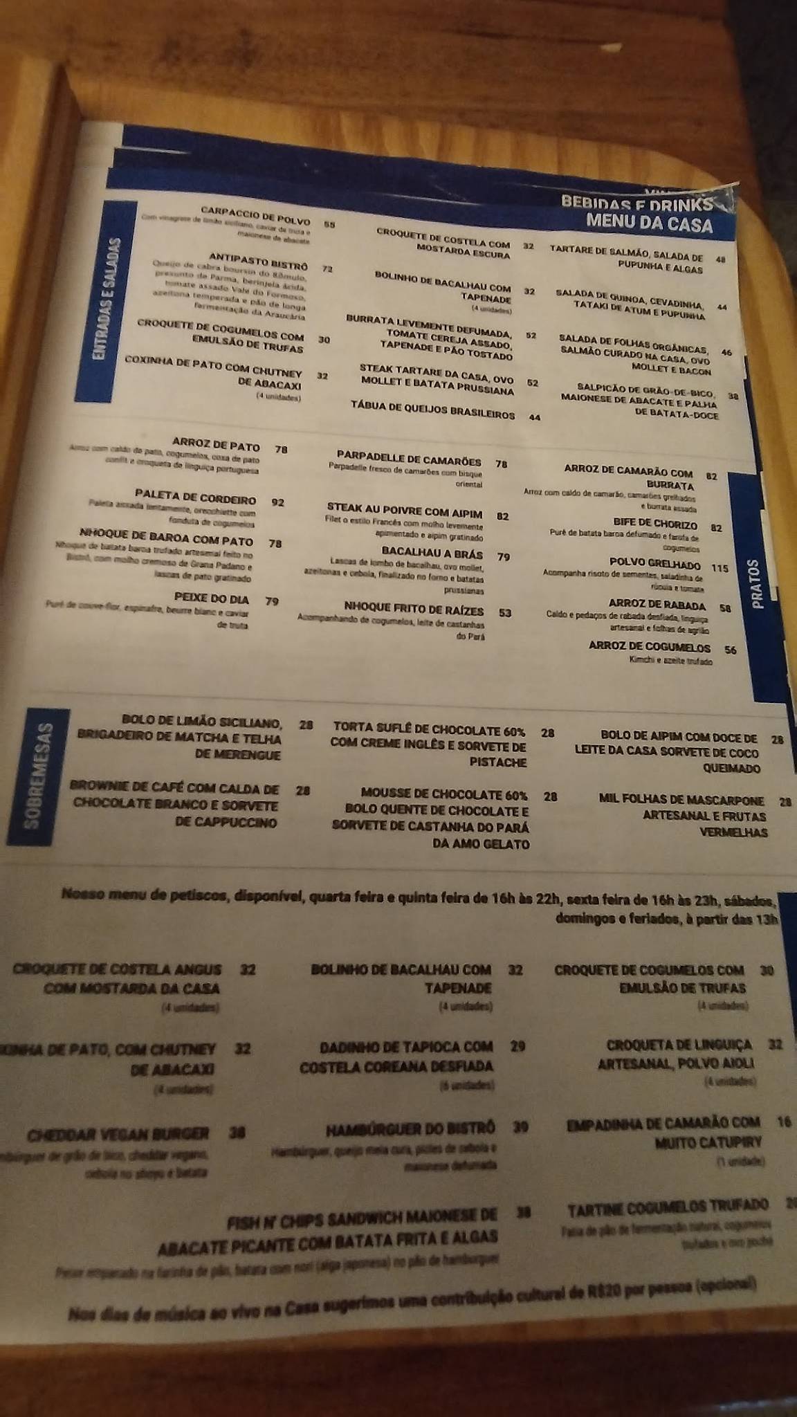 Bistrô da Casa cardápio