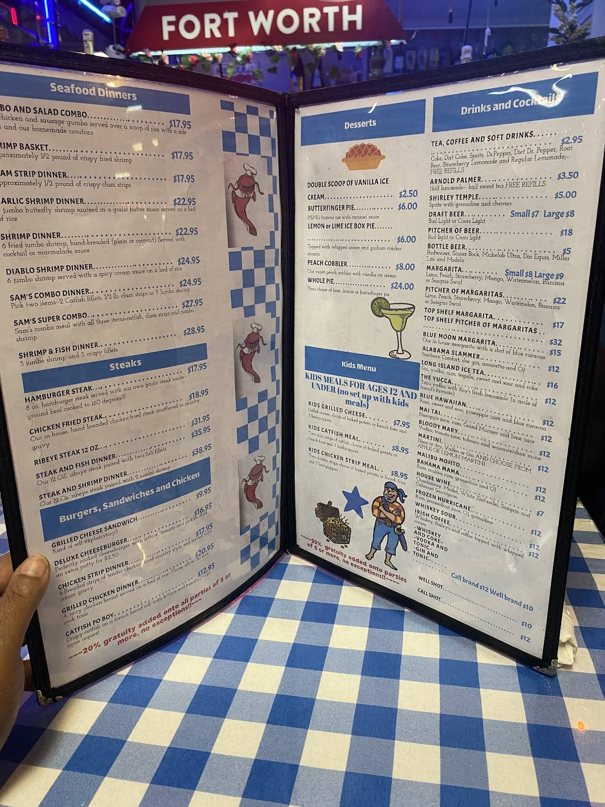 Menu at Catfish Sam's restaurant, Arlington