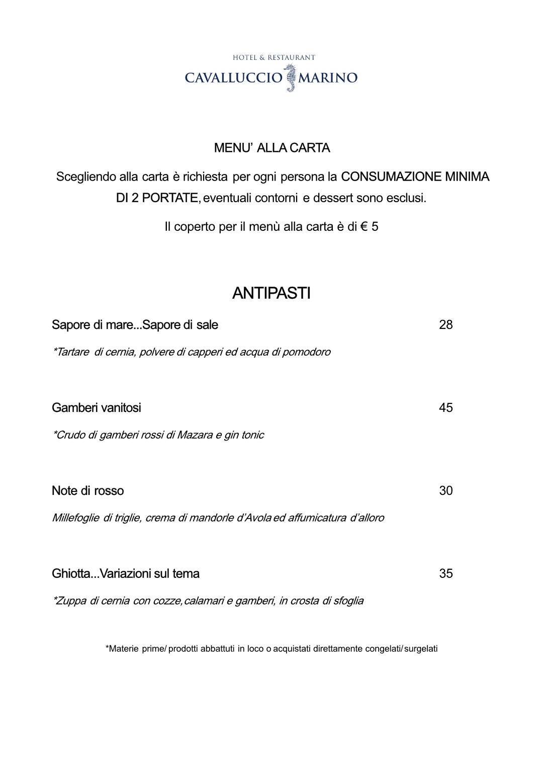 Menu di Cavalluccio Marino Hotel & Ristorante Lampedusa 