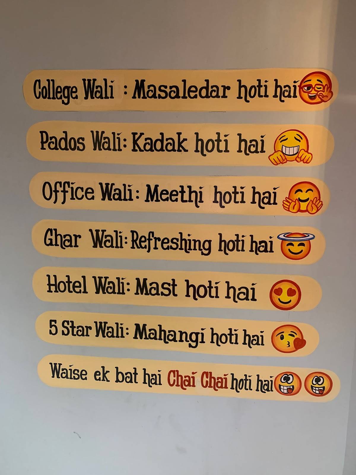 Chai Bar menu
