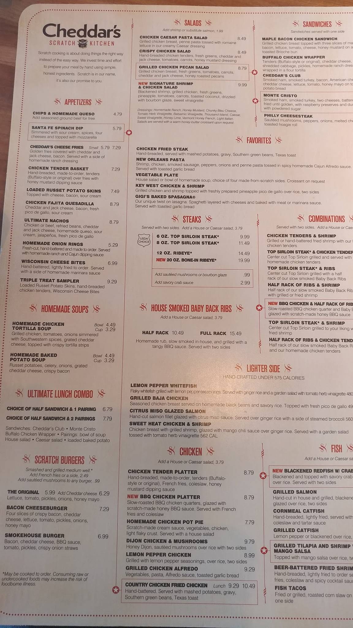 Menu at Cheddar's Scratch Kitchen restaurant, Greenville