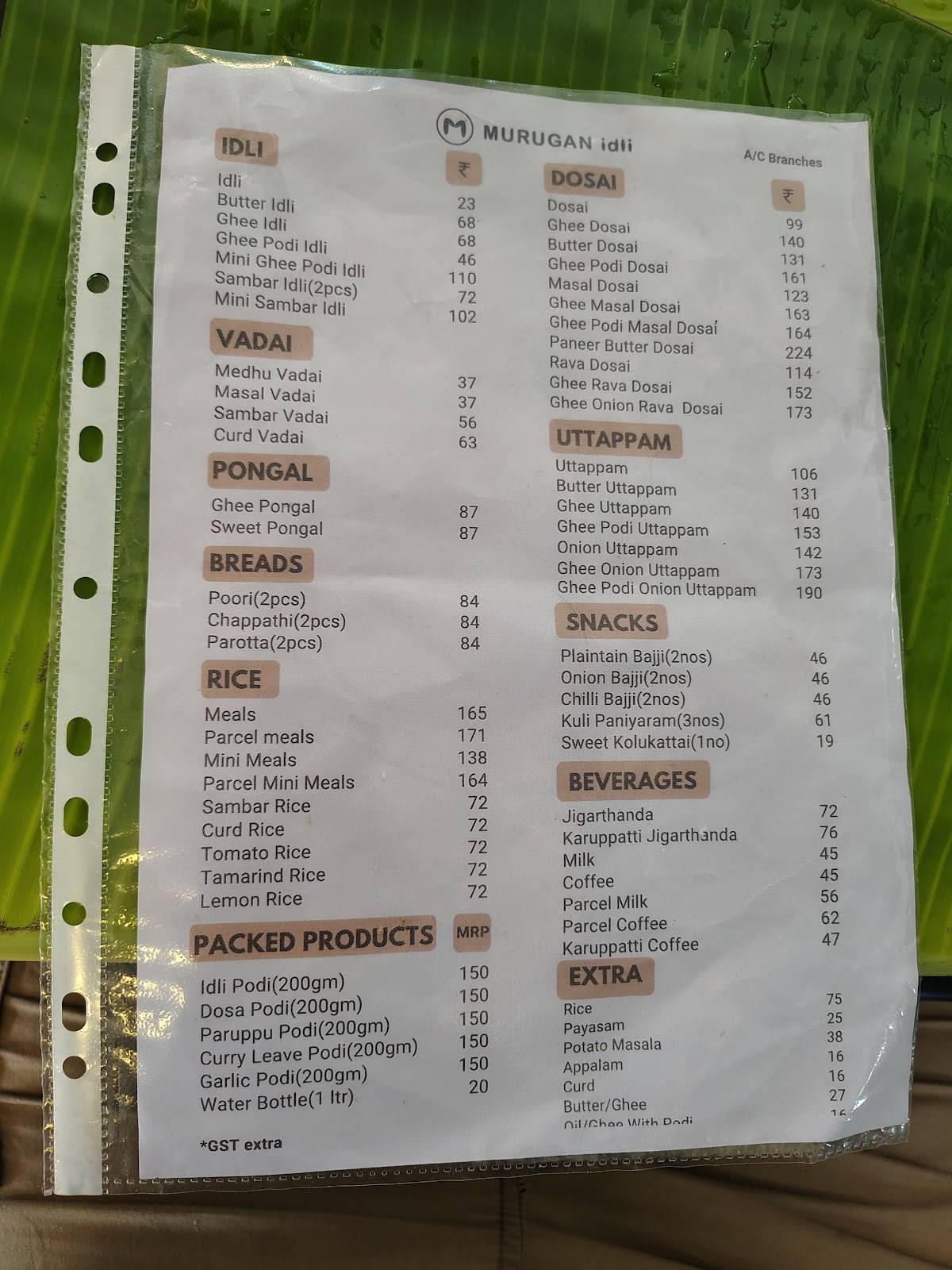 Murugan Idli Shop menu