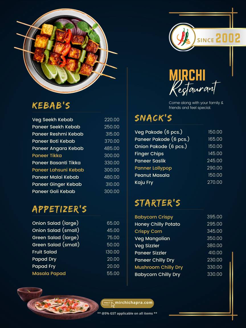 Mirchi Restaurant menu