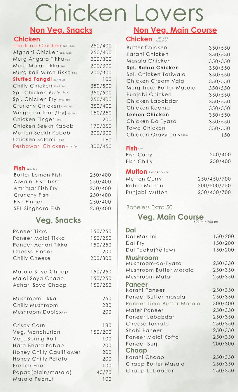 Chicken Lovers menu