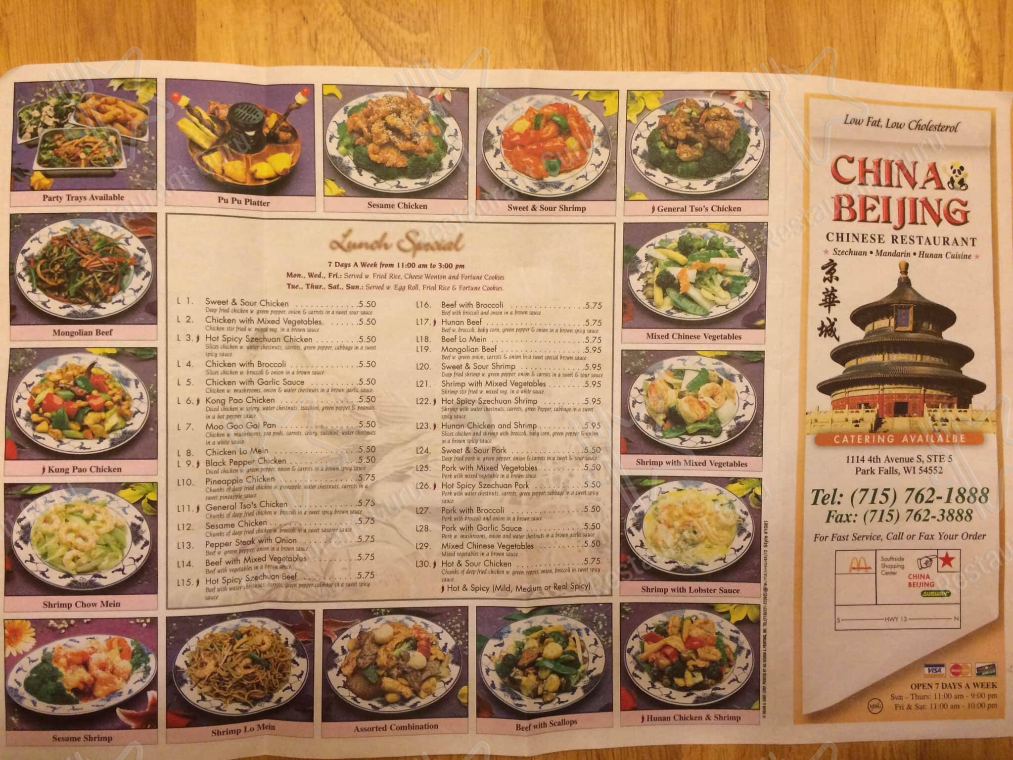 Menu at Beijing Restaurant, Park Falls