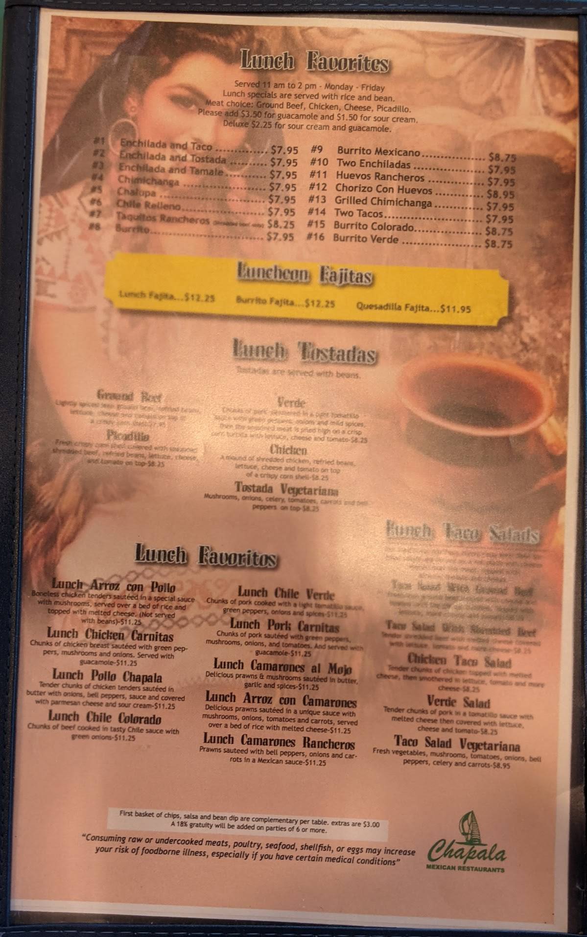 Menu at Chapala Mexican restaurant Pocatello, Chubbuck