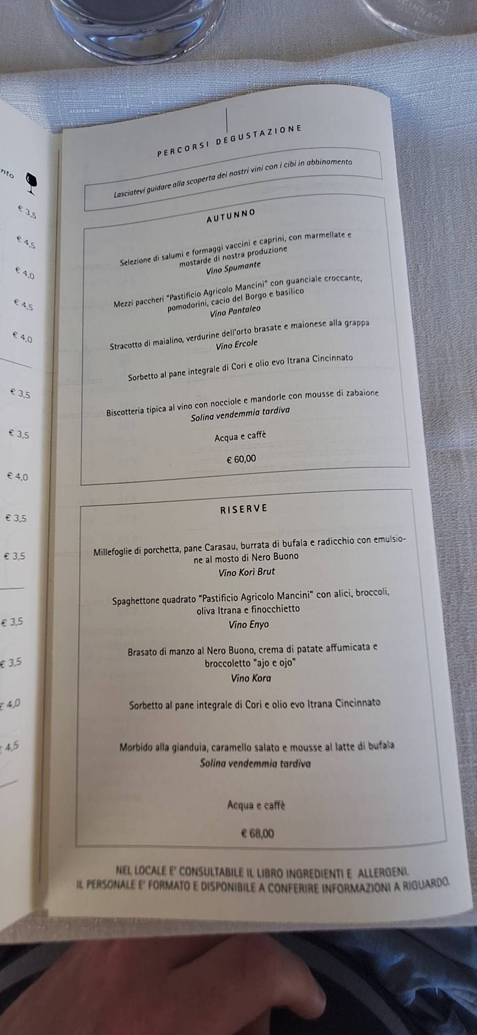 Menu di Cincinnato Wine Resort 