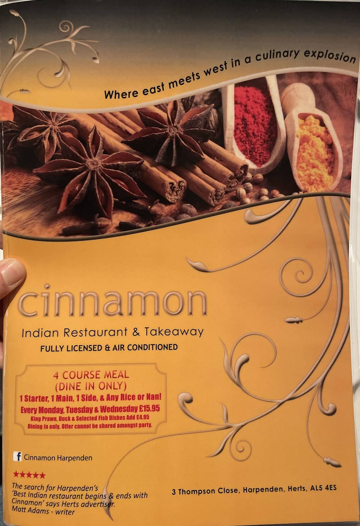 Menu at Cinnamon restaurant, Harpenden