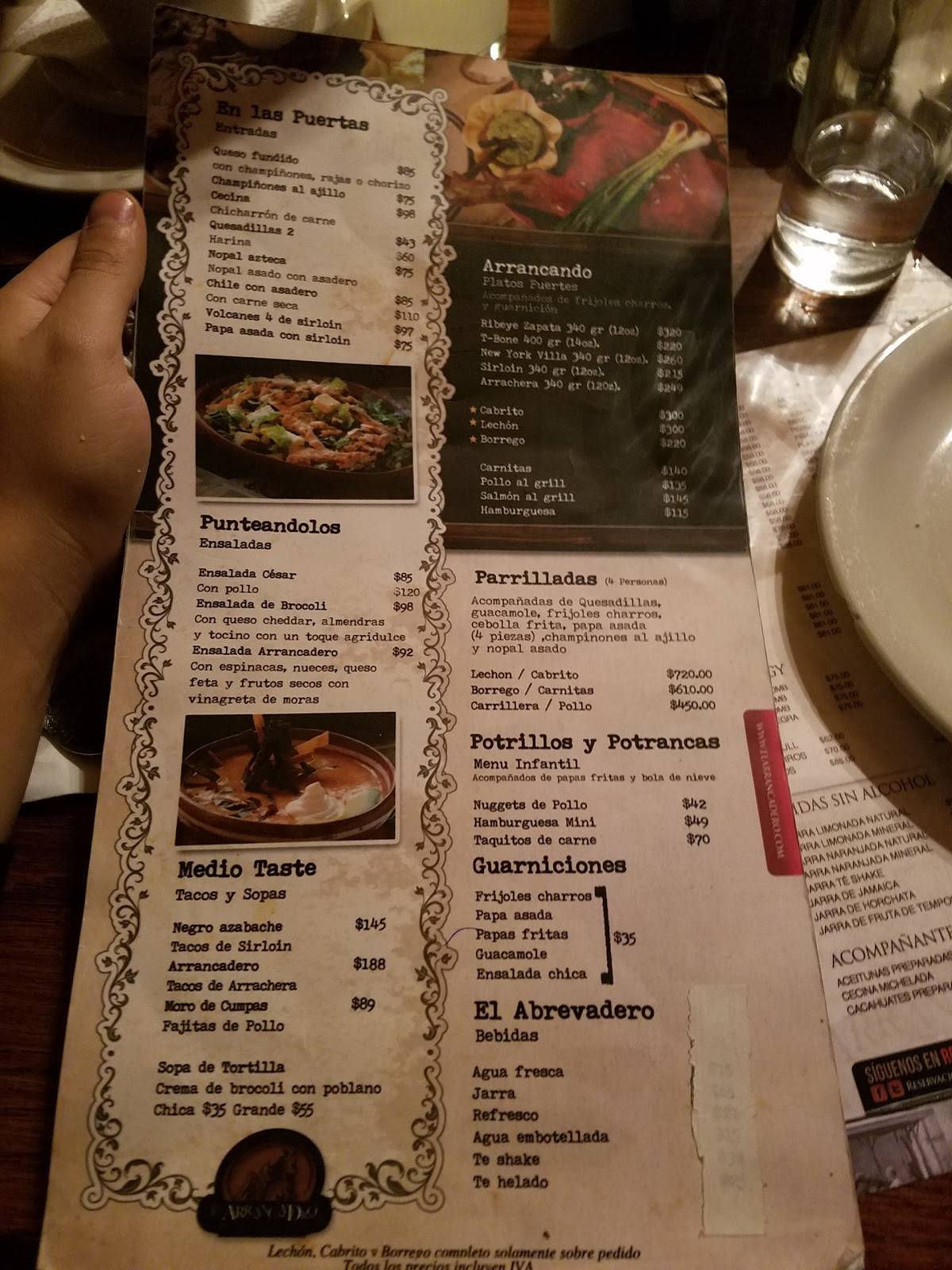 Carta de El Arrancadero Restaurant & Bar, Ciudad Juarez