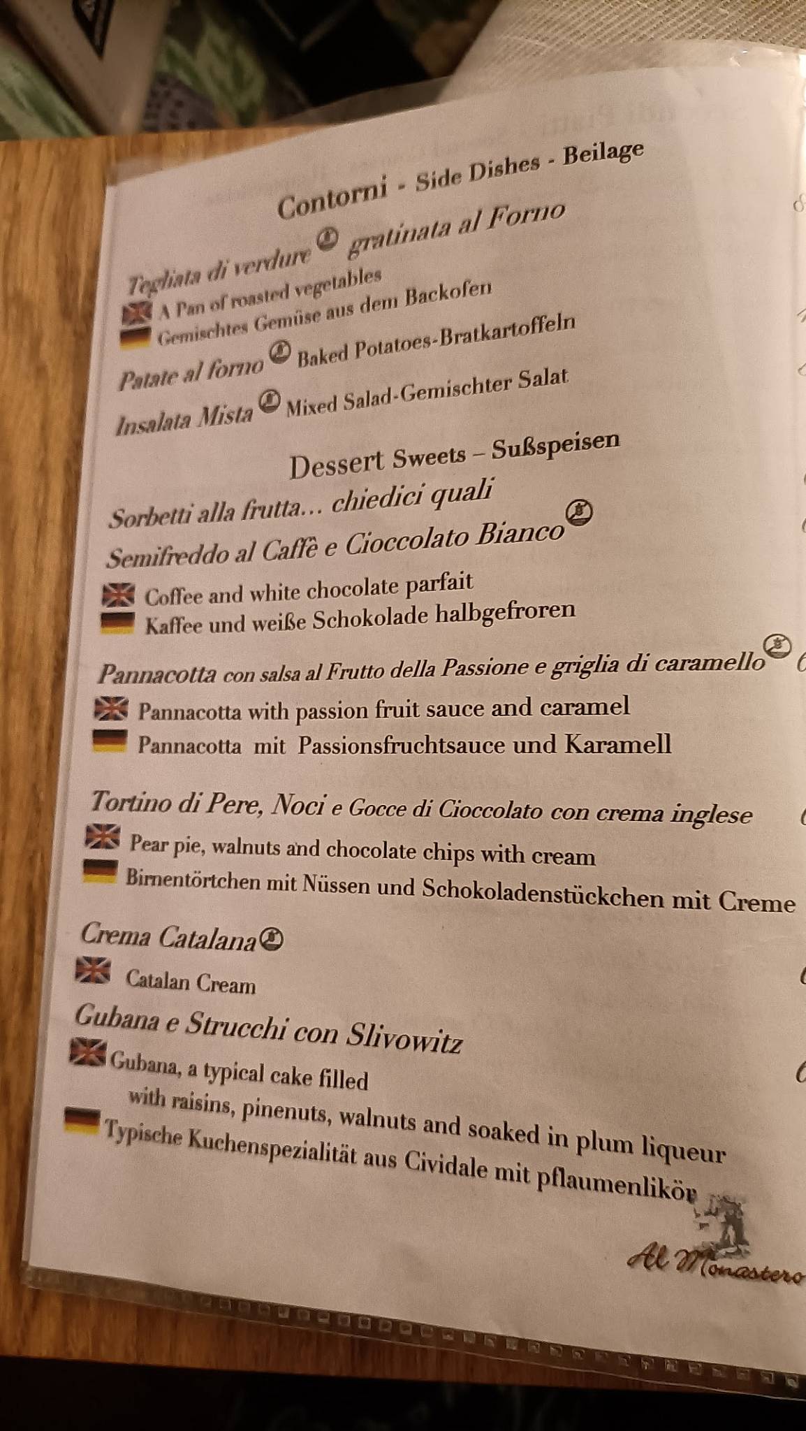 Menu di Al Monastero 