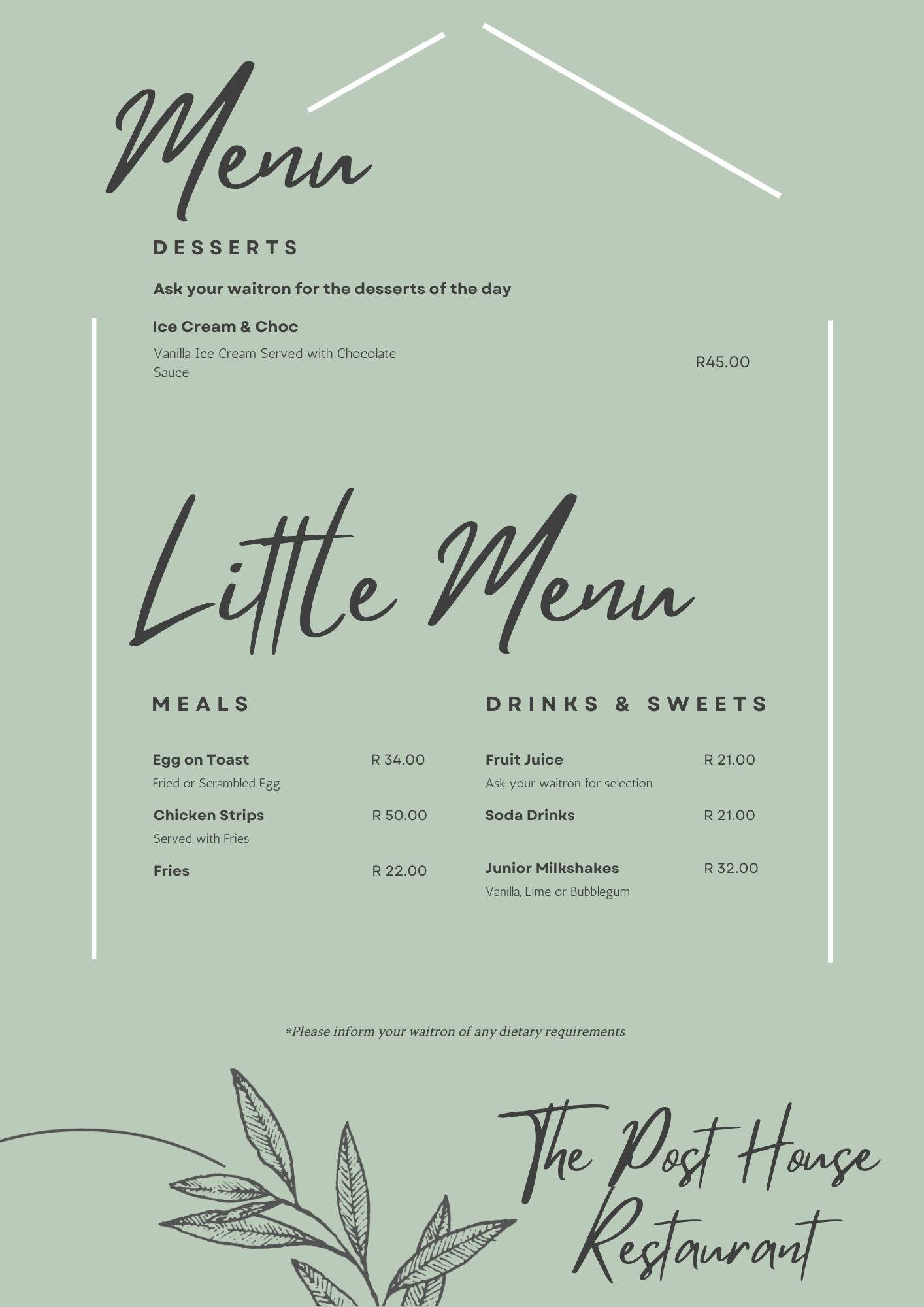 Menu at The Posthouse Restaurant, Clarens