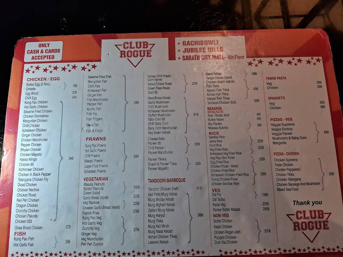 Club Rogue Gachibowli menu