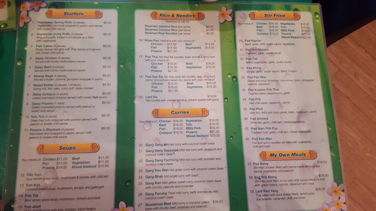 Menu at Thai Inthanon Kitchen restaurant, Coffs Harbour