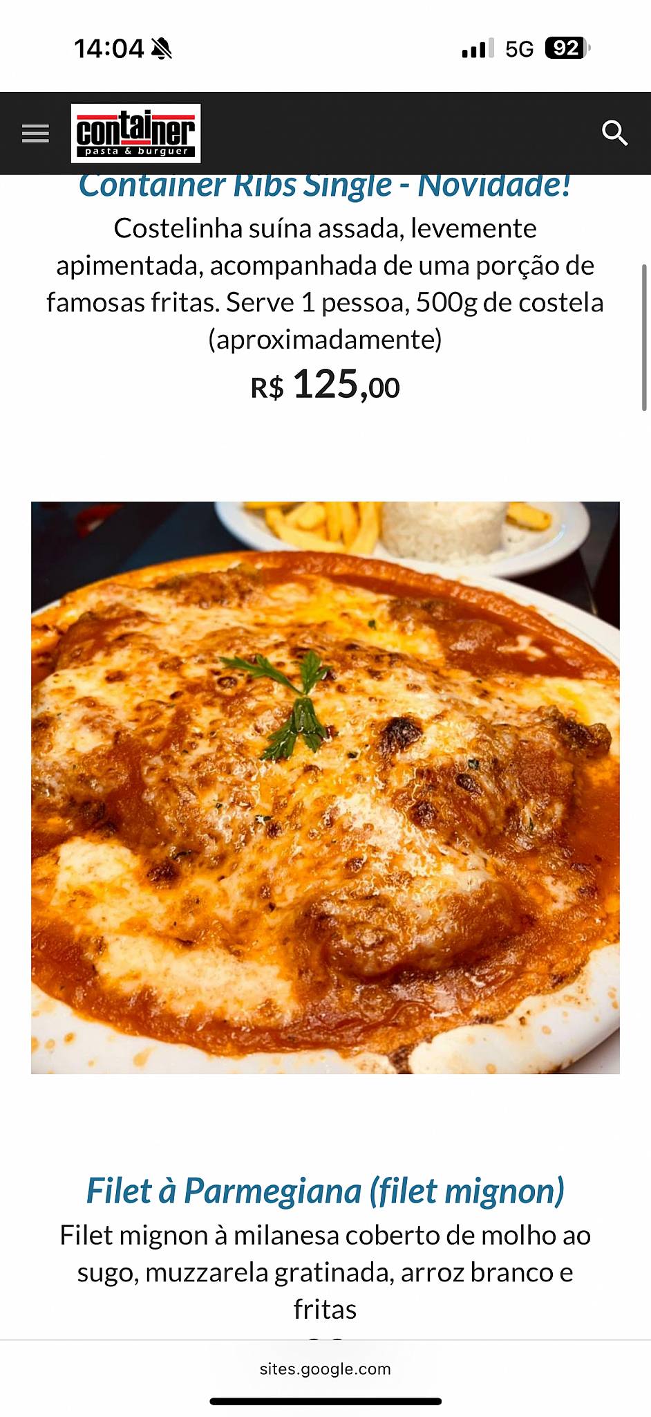 Container Pasta & Burguer cardápio