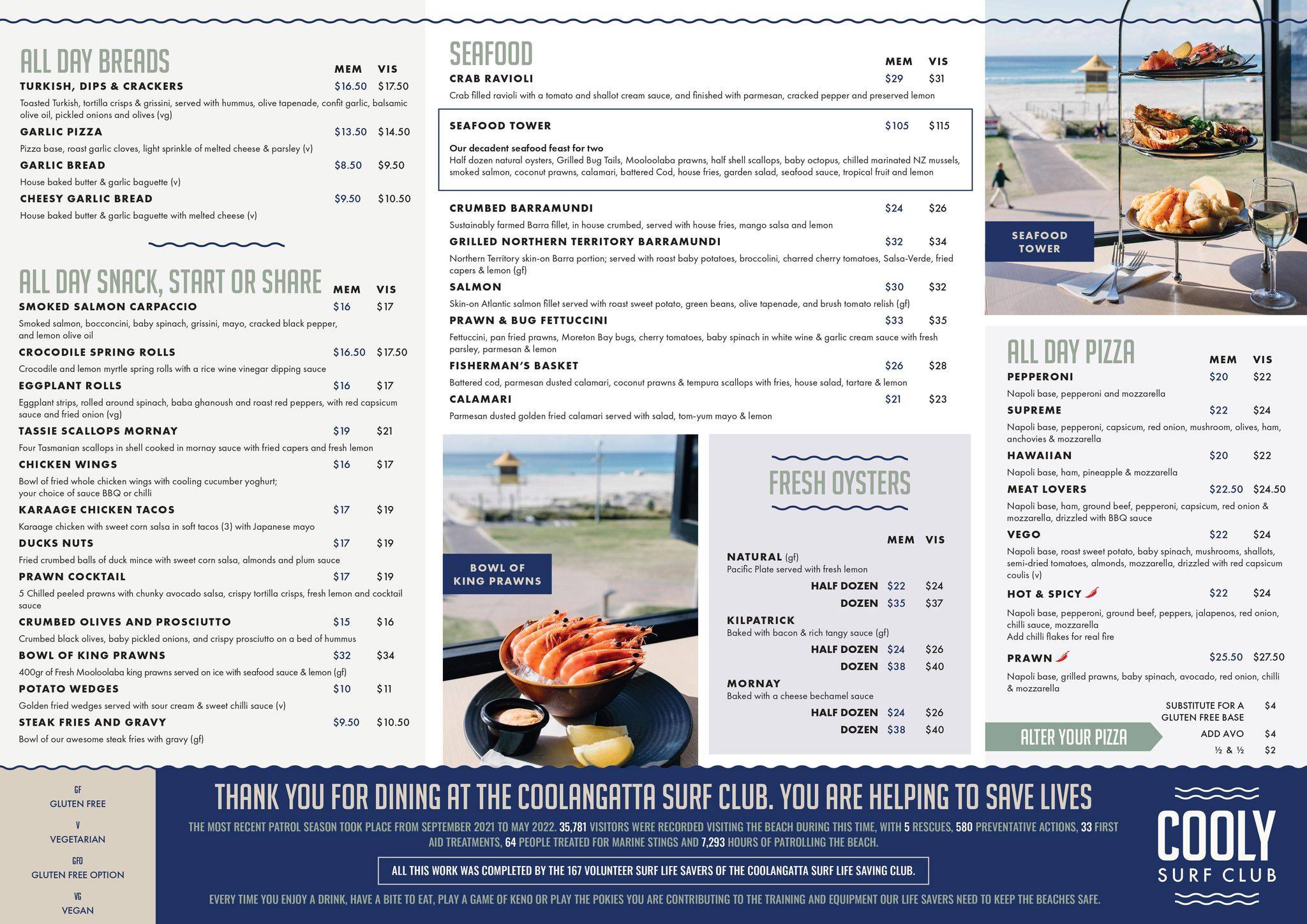 Menu at Coolangatta Surf Club, Coolangatta, Marine Parade