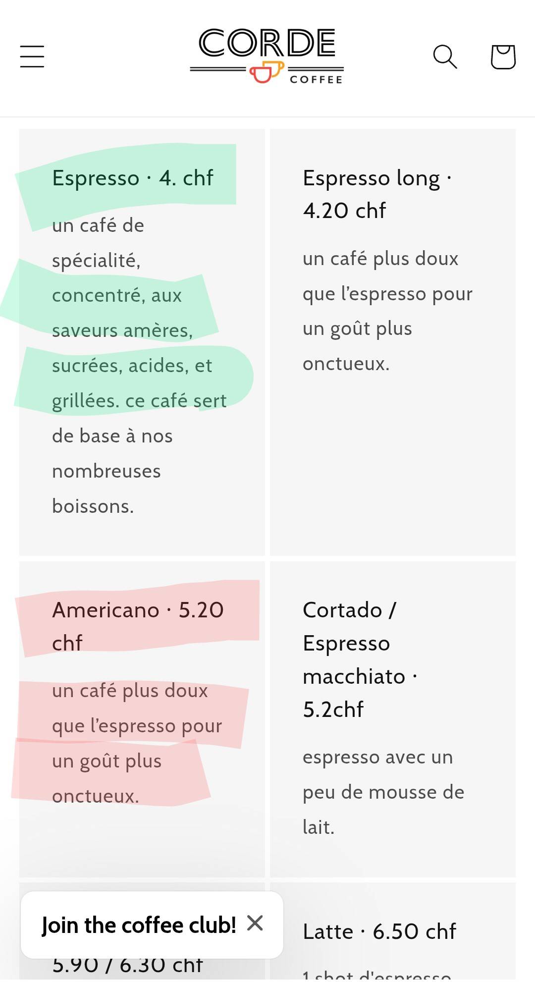 Menu di Corde Coffee 