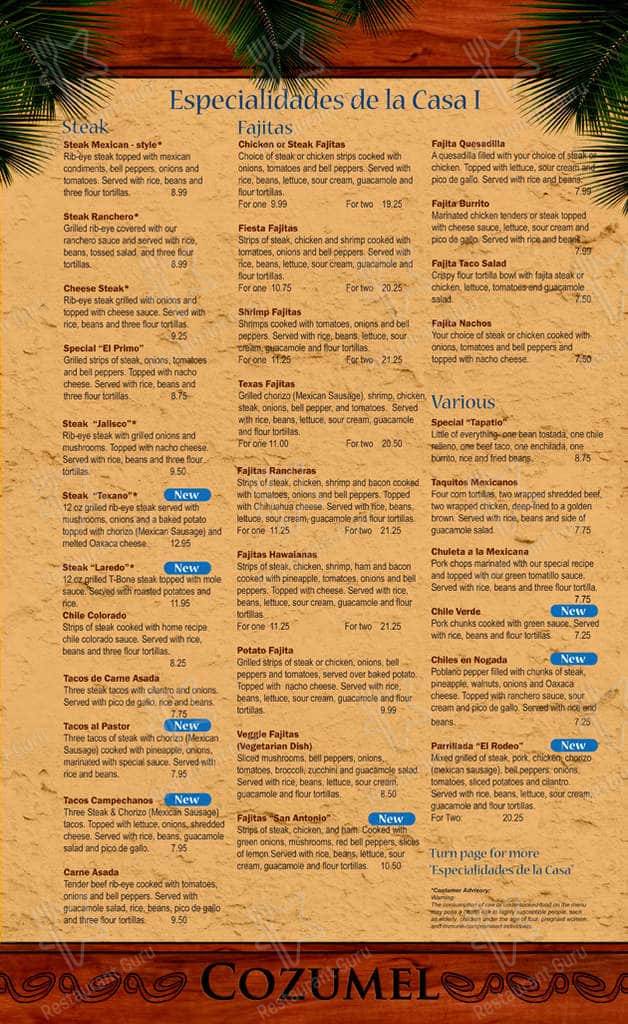 Menu at Cozumel Mexican Restaurant, Whitewater