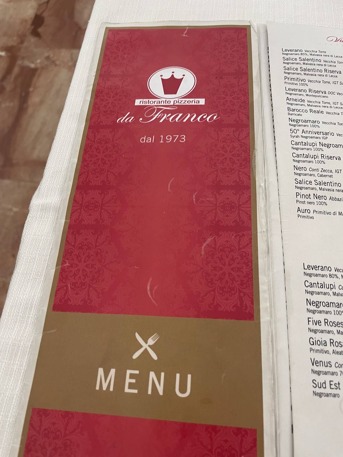 Menu di Ristorante Pizzeria Da Franco 