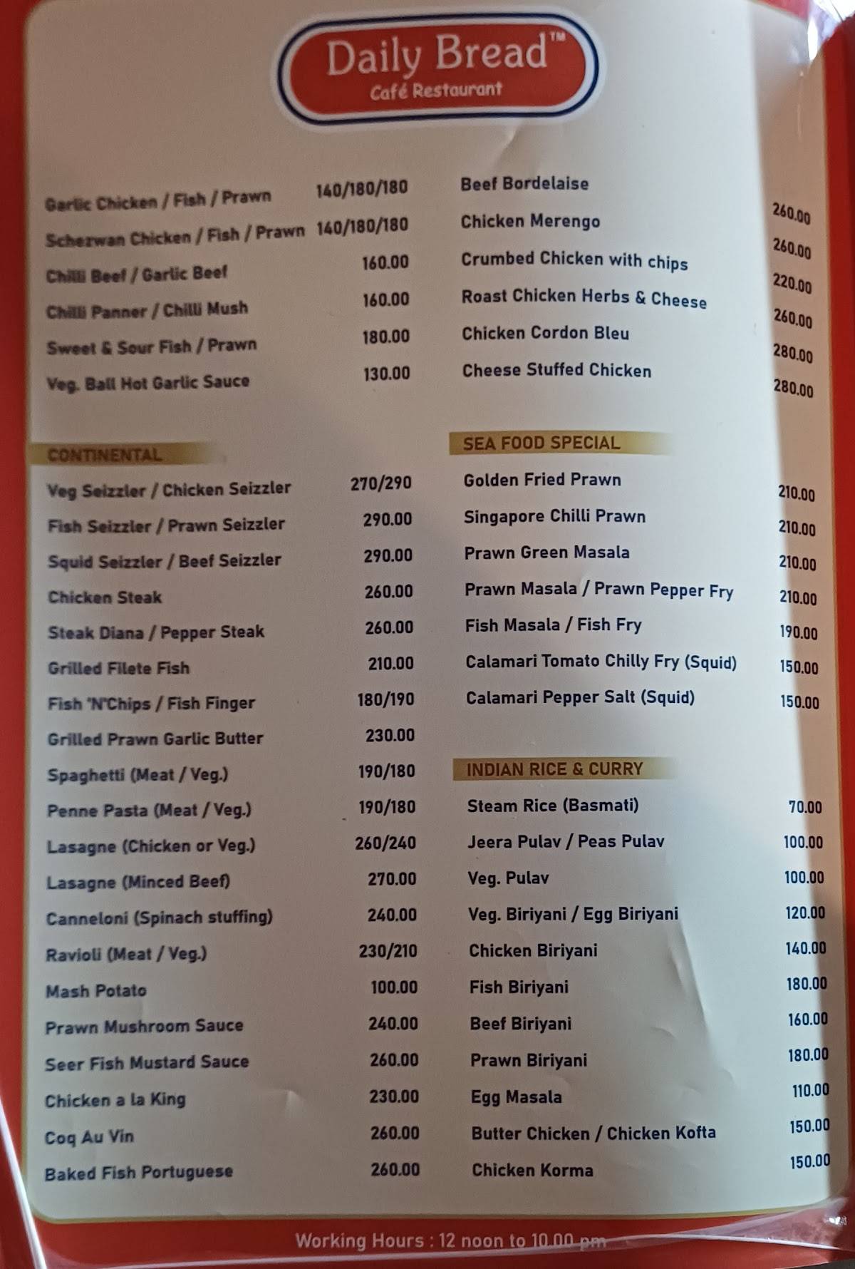 Daily Bread menu
