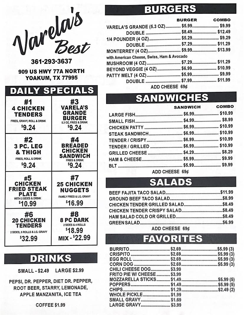 Menu at Varela’s Best Yoakum TX restaurant, Yoakum