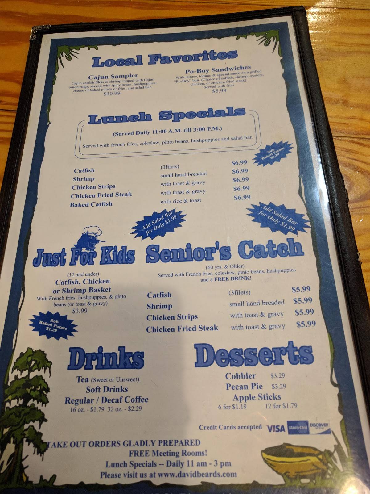Menu at David Beard's Catfish King restaurant, Livingston, US59 Loop N