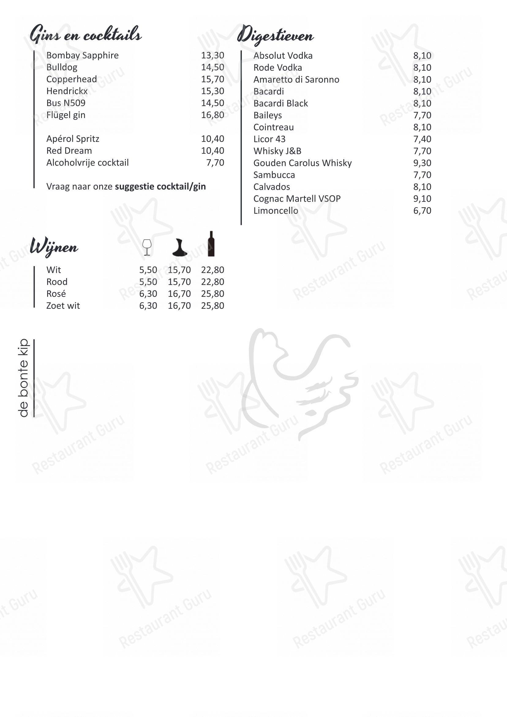 Menu pour De Bonte Kip, Restaurant - Menu bar