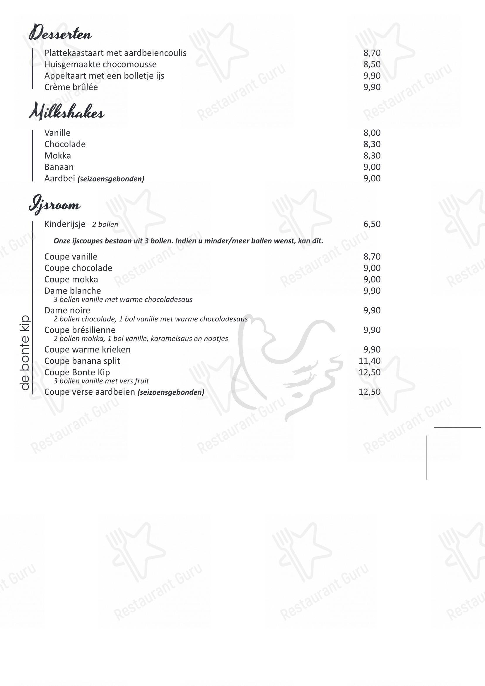 Menu pour De Bonte Kip, Restaurant - Menu bar