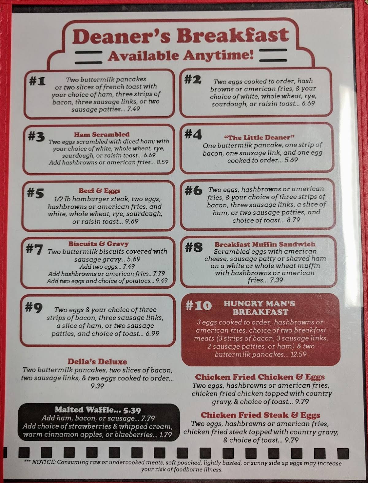 Menu at Deaner's Diner cafe, West Fargo