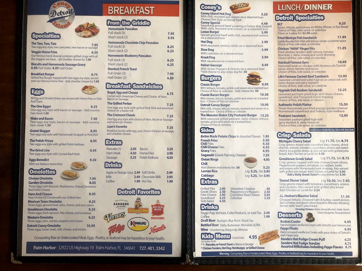 Menu at Detroit Coney Island restaurant, Palm Harbor, US Hwy 19 N