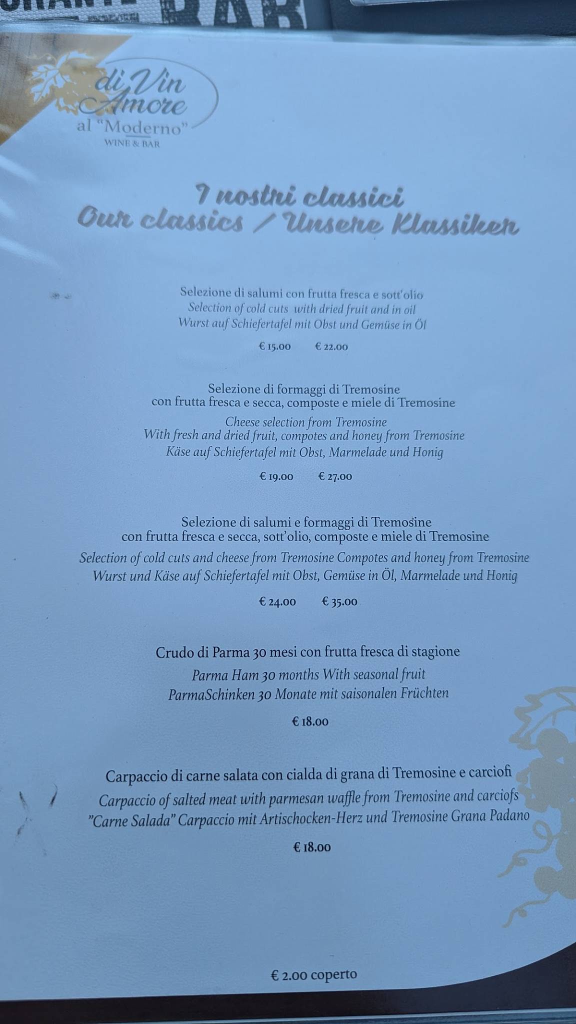 Menu di Di Vin amore 