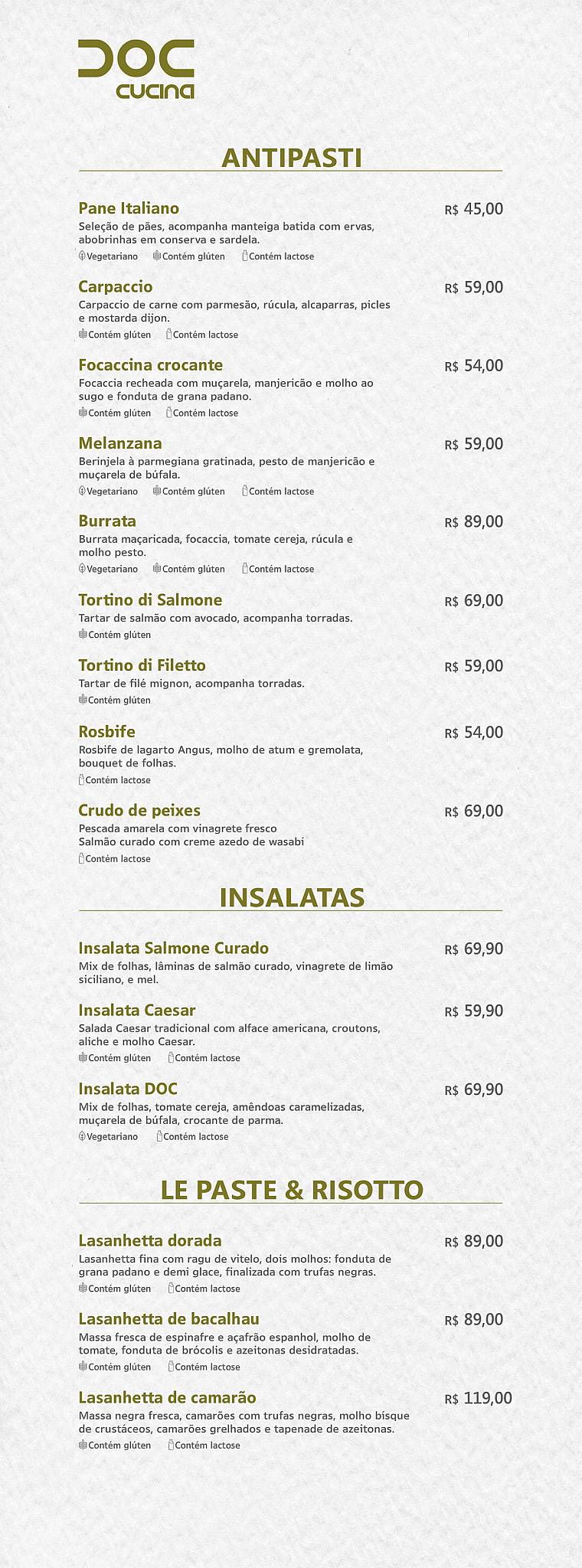 Doc Cucina: Culinária italiana, Massas frescas, Vinhos, Asa Sul cardápio