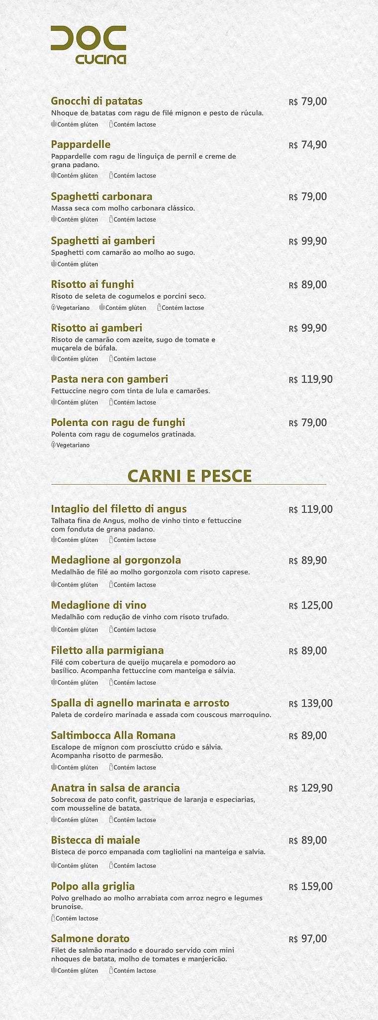 Doc Cucina: Culinária italiana, Massas frescas, Vinhos, Asa Sul cardápio