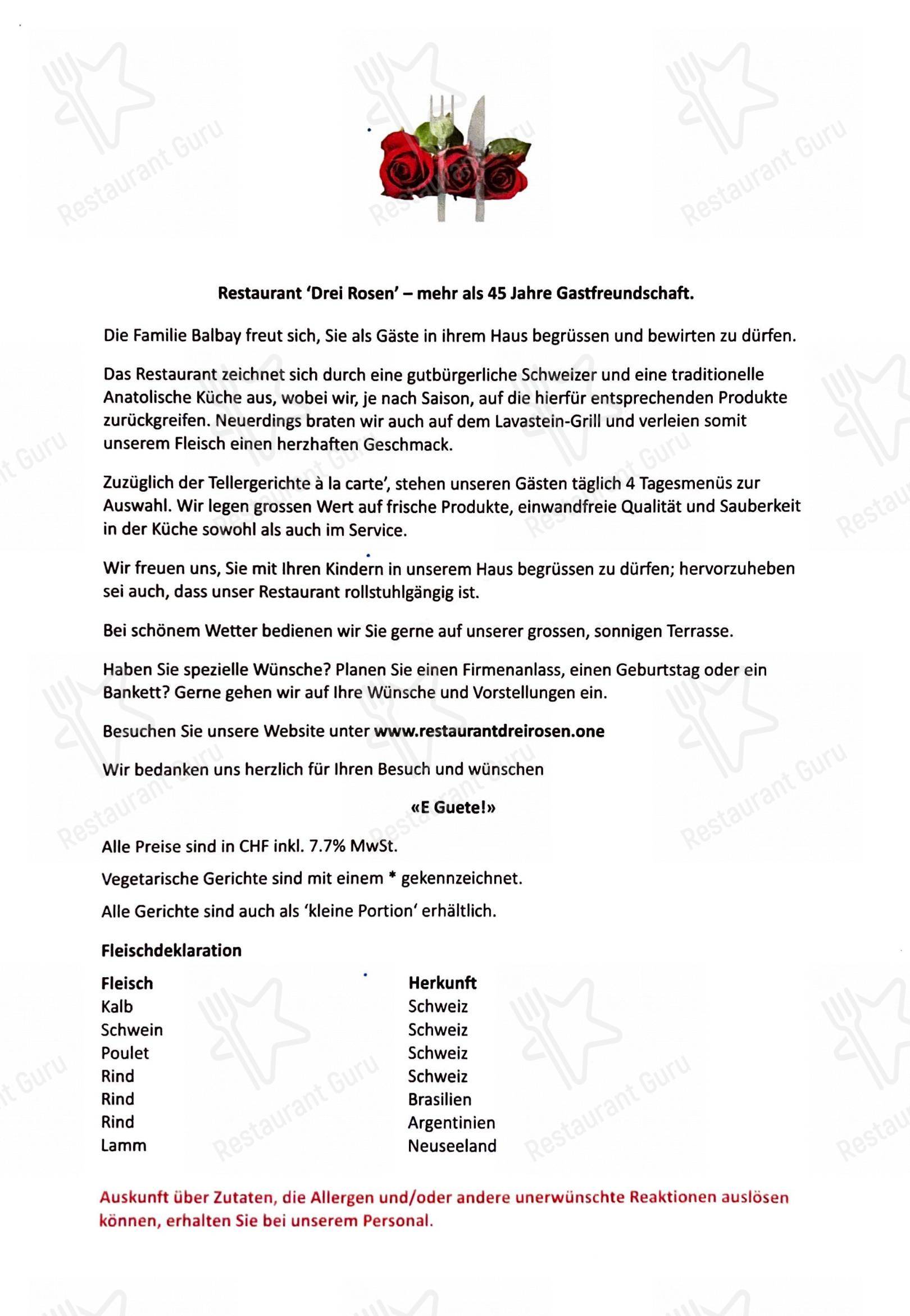 Menu per Drei Rosen ristorante