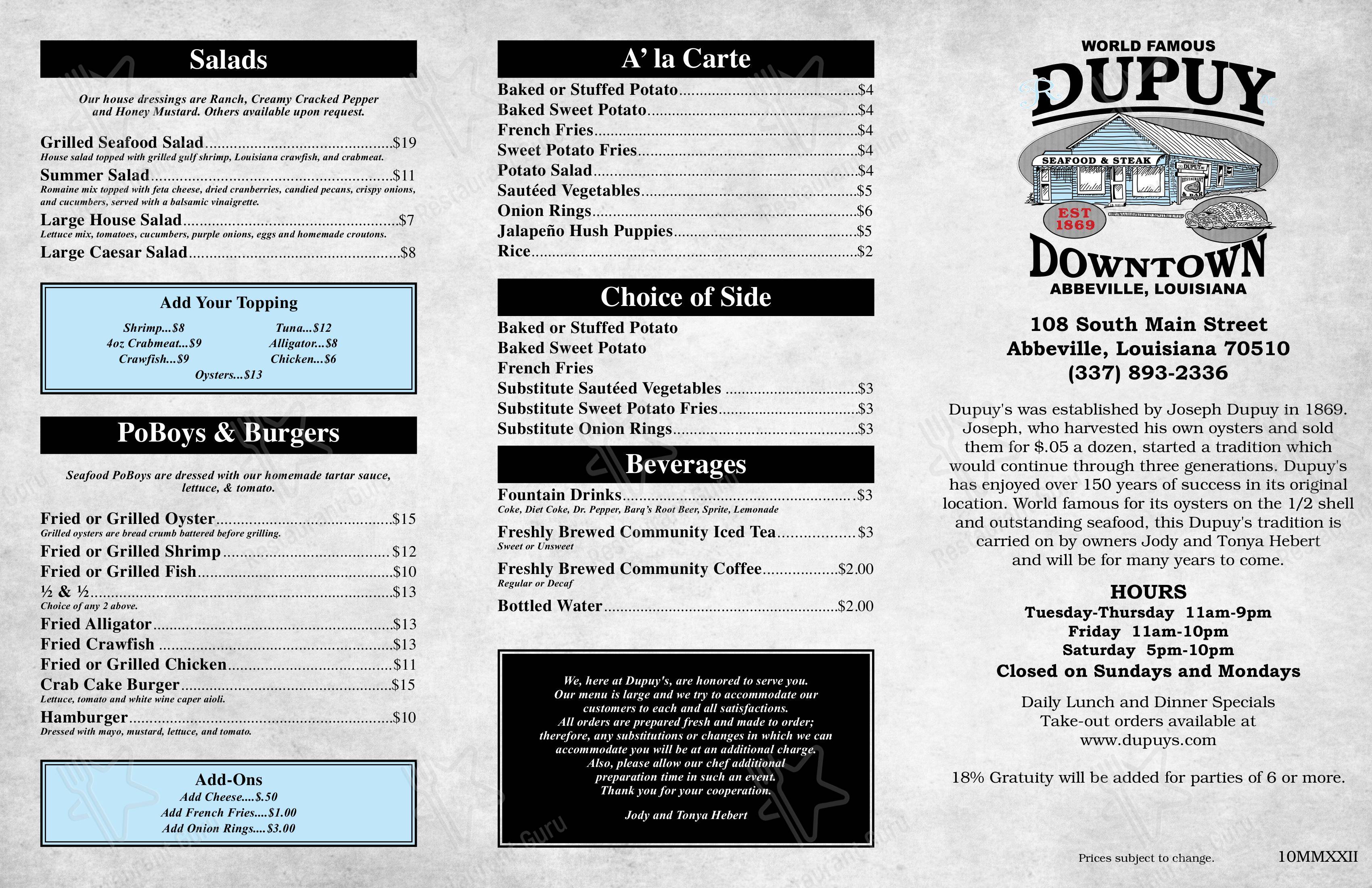 Menu at Dupuy's Seafood and Steak steakhouse, Abbeville