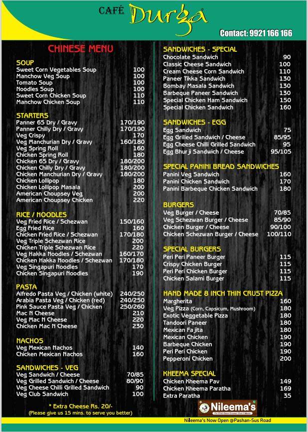 Durga Cafe Pashan Pune menu