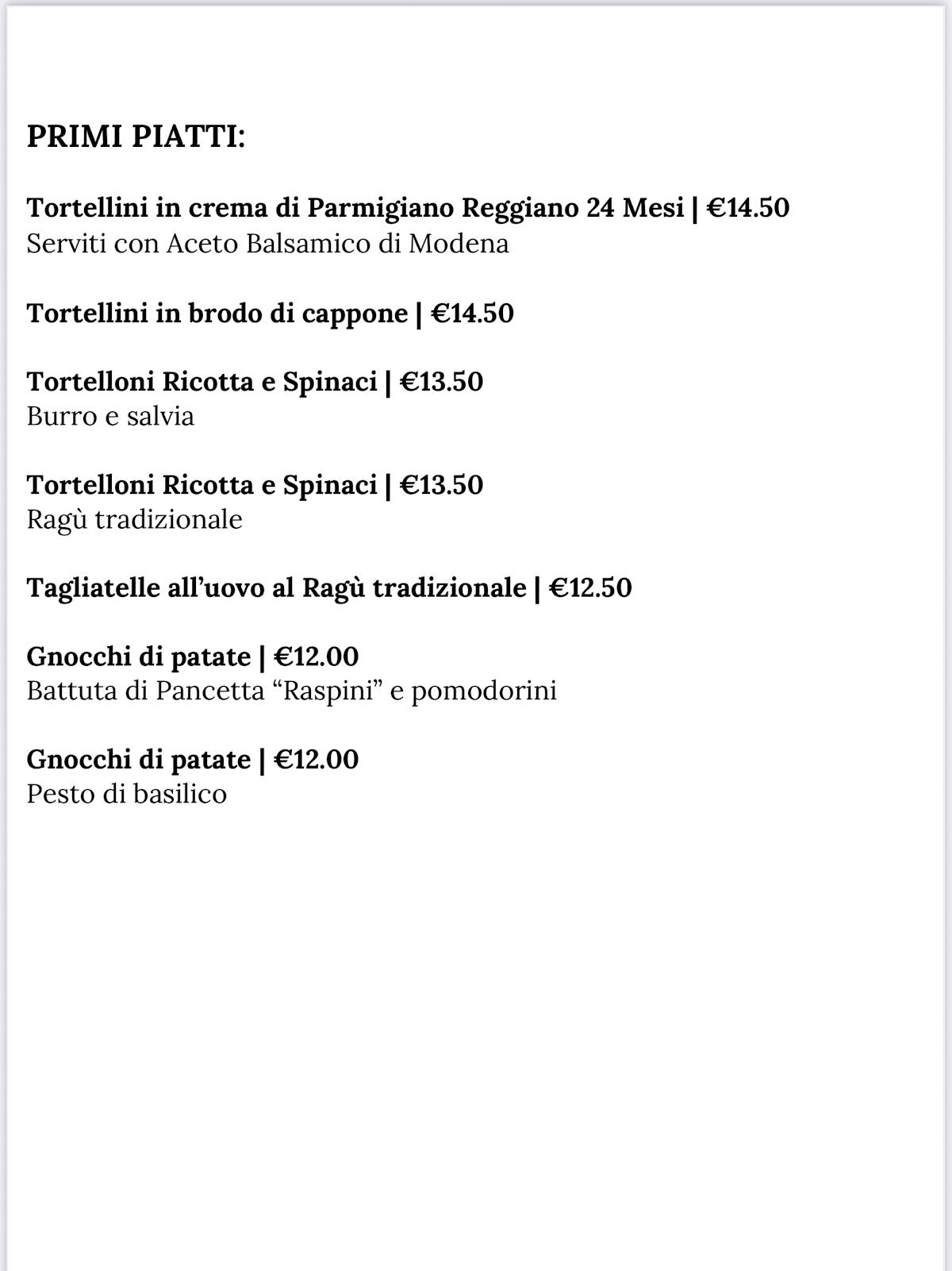 Menu de Emilia Bistrò