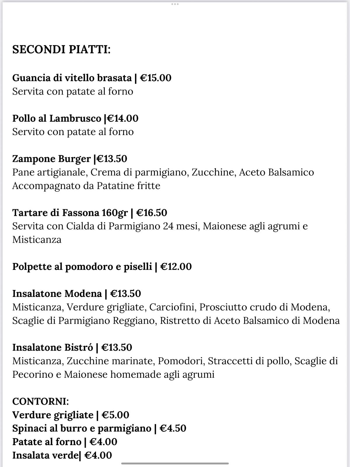 Menu de Emilia Bistrò
