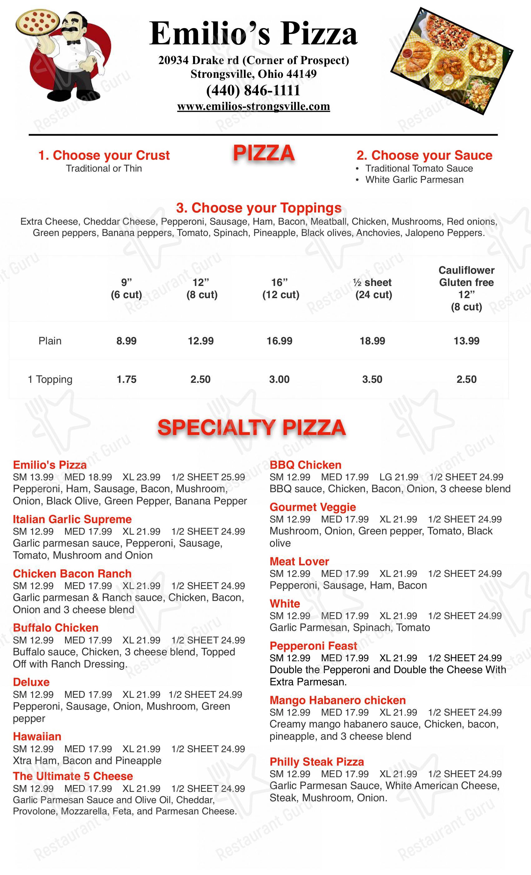 Menu at Emilio's Pizza pizzeria, Strongsville