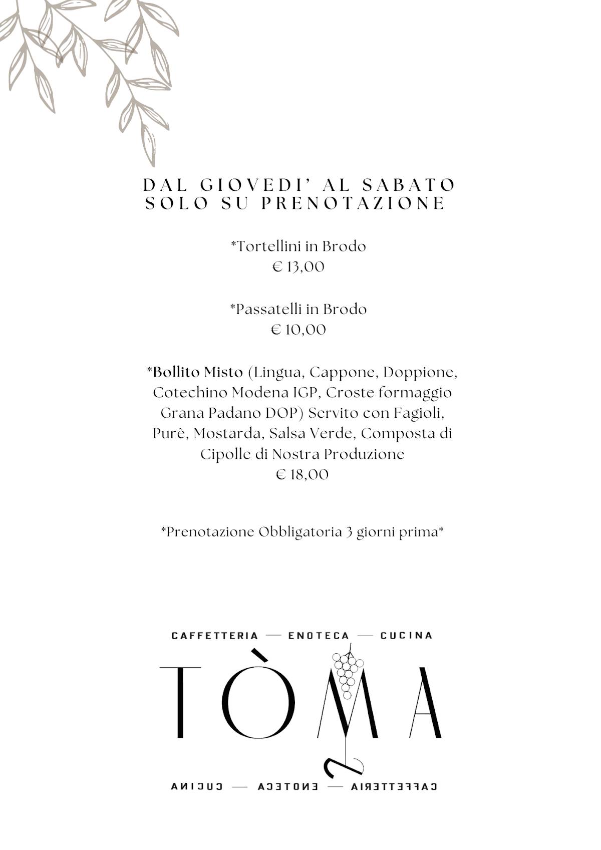Menu di Enoteca con Cucina Tòma 